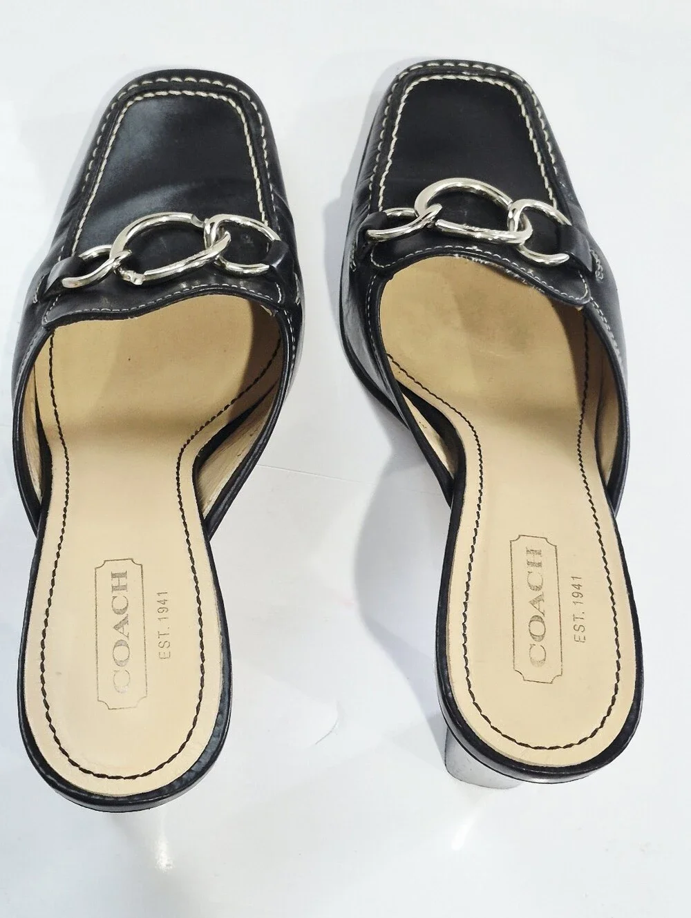 Coach Jacie Vintage Black Leather Ring-Detail Mule Heels Size 8B